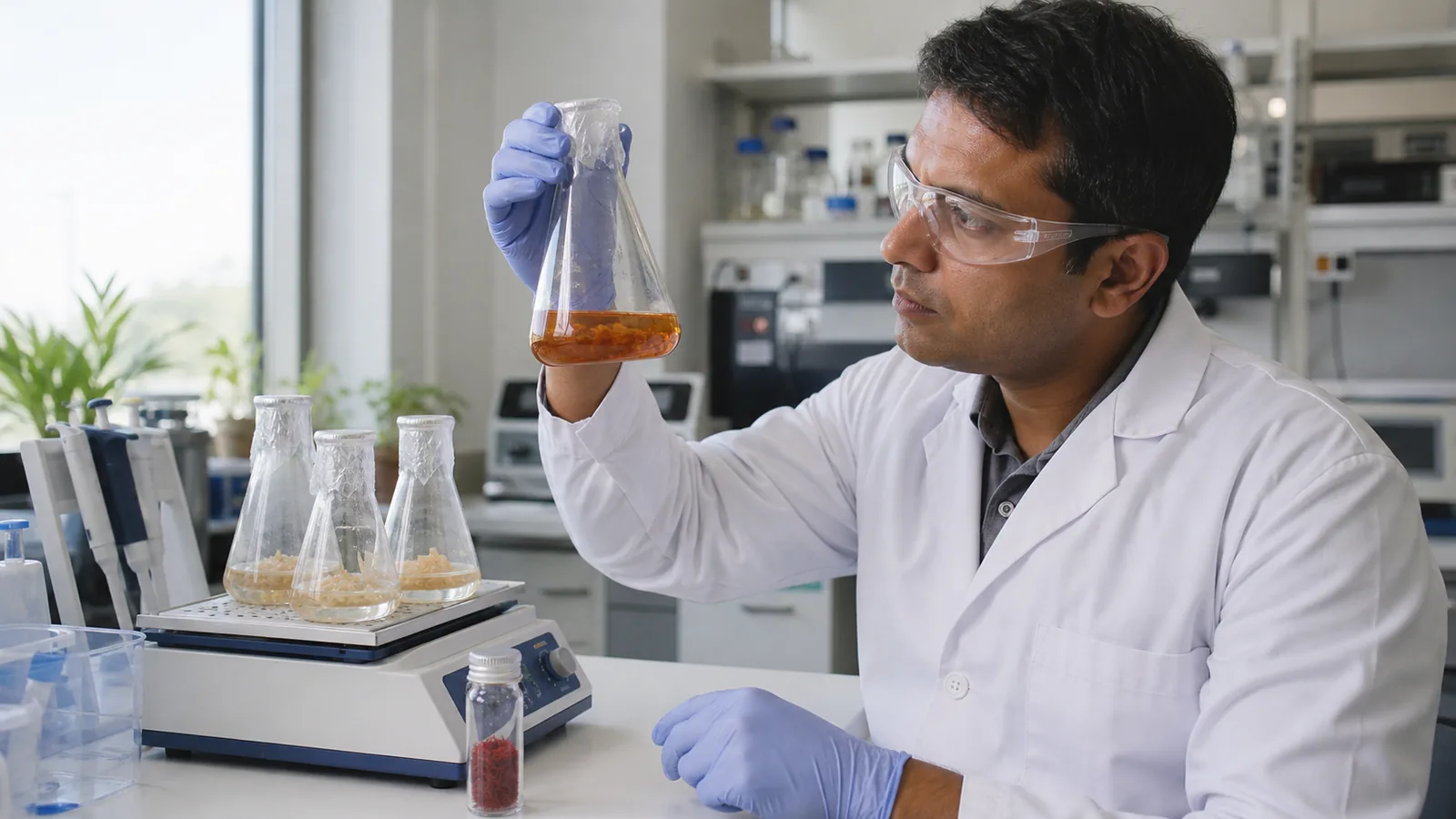 Scientist examining a saffron plant cell culture for crocin research