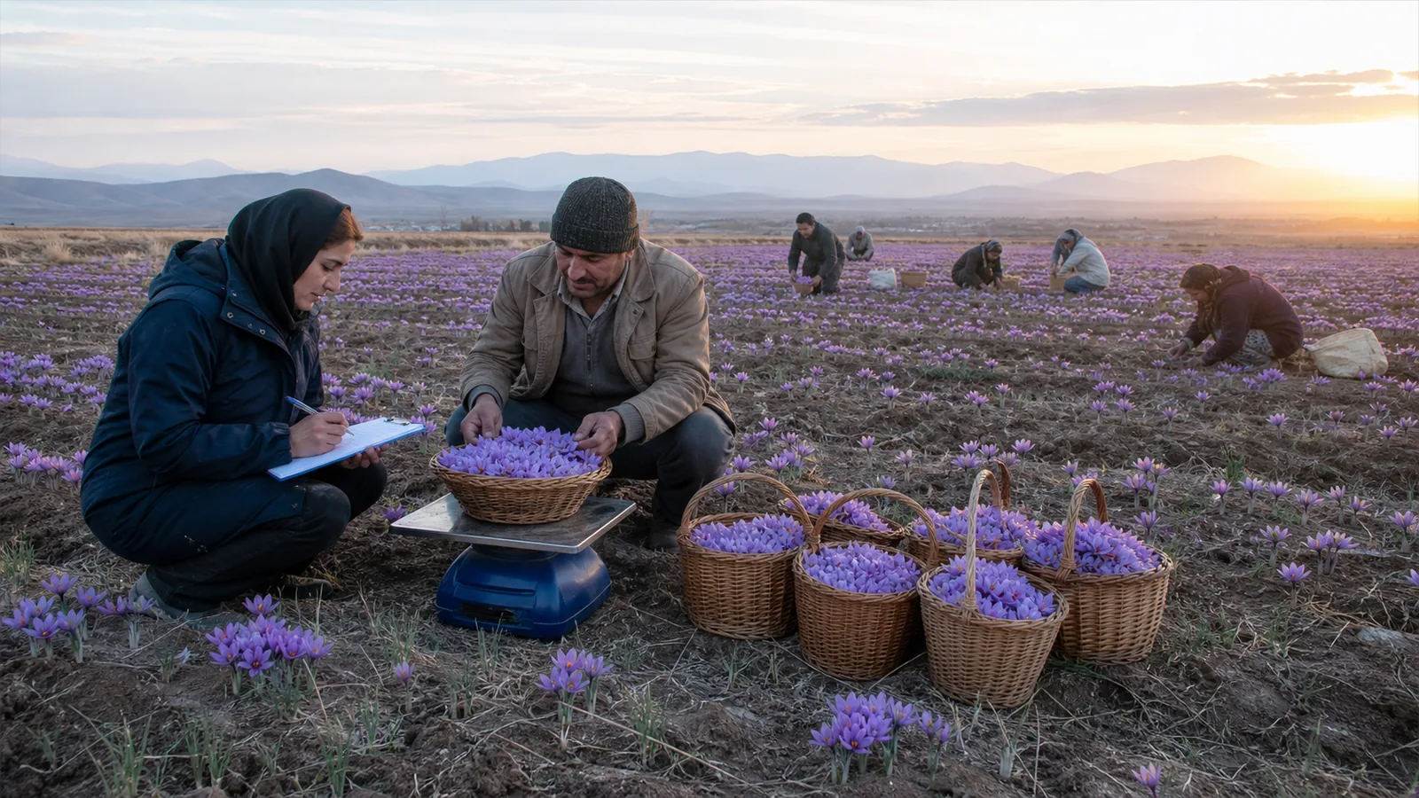 Field officer and farmer weighing saffron flowers during a Khorasan harvest