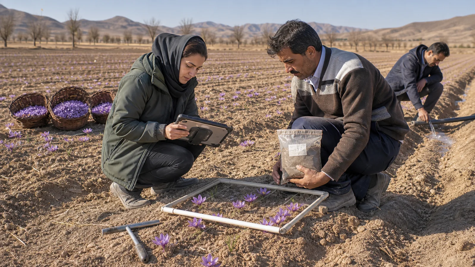 Agricultural adviser and farmer record conditions in a saffron field