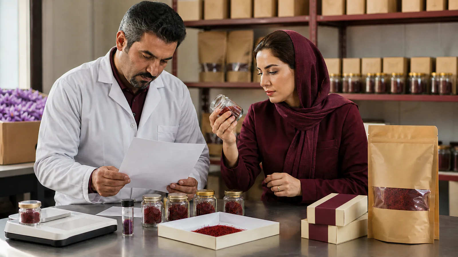 Saffron quality specialists compare a traceable lot before packaging
