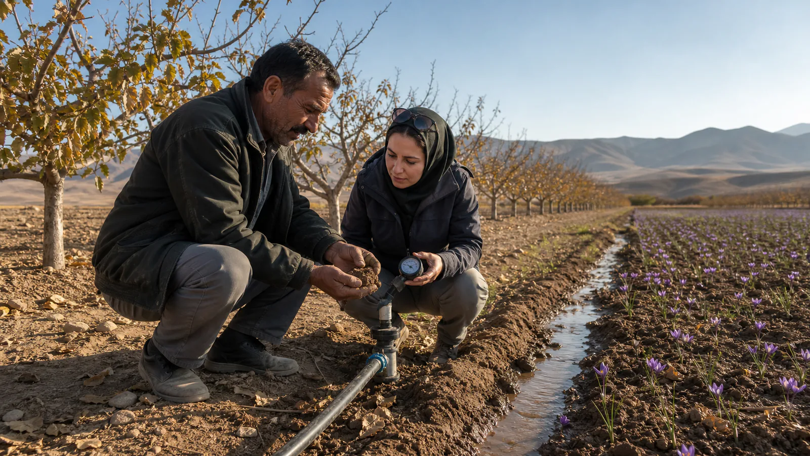Farmer and agronomist compare water conditions between pistachio trees and a saffron trial