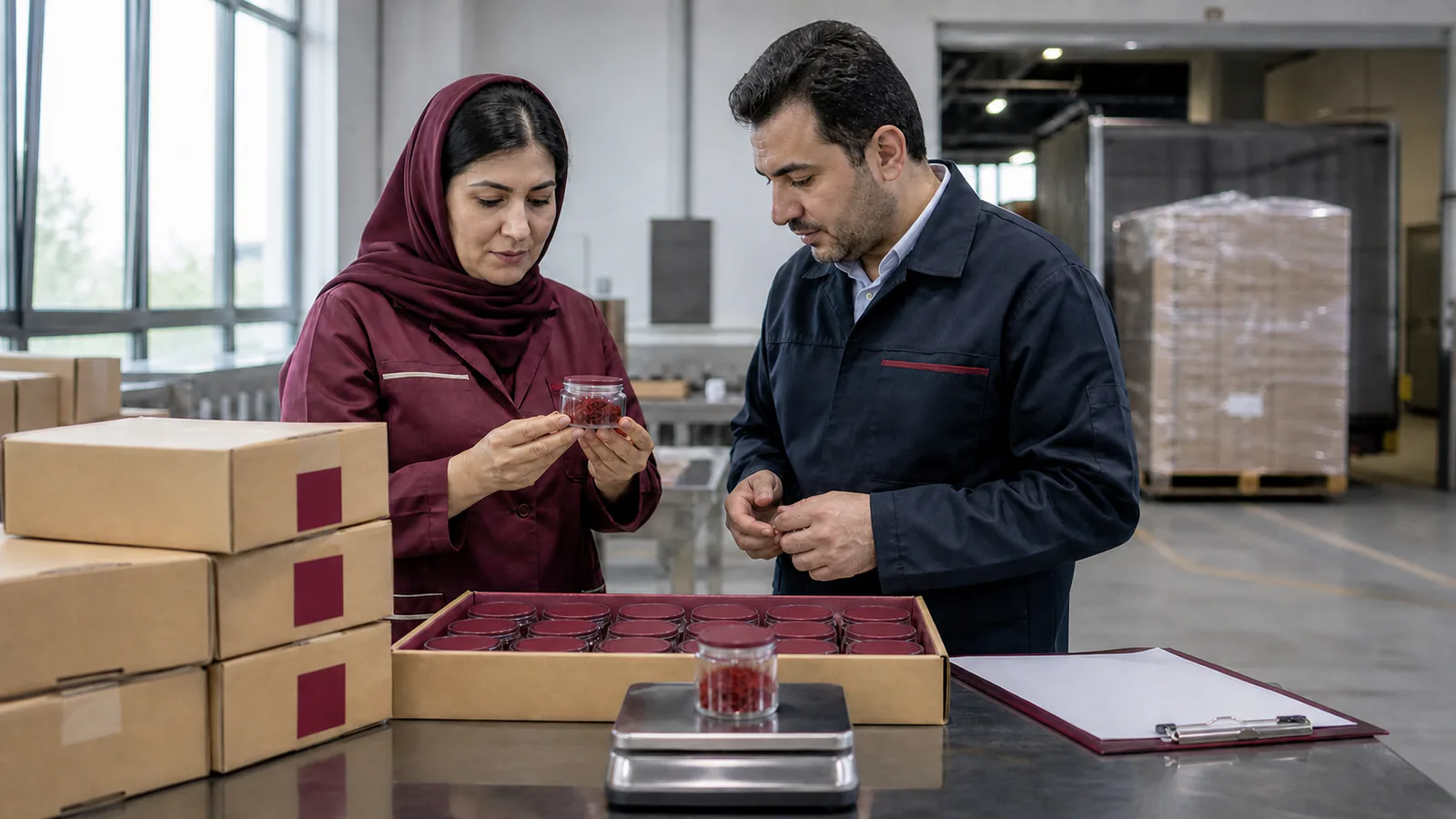 Export quality specialists inspect a saffron lot beside unbranded shipment cartons