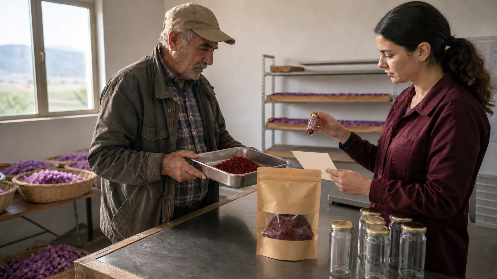 Farmer and cooperative manager compare a saffron lot with bulk and retail packs