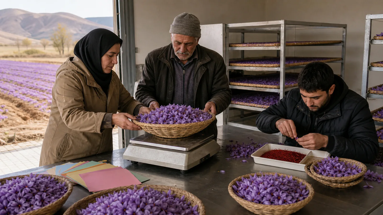 Hamedan growers weigh saffron flowers while a worker separates red stigmas
