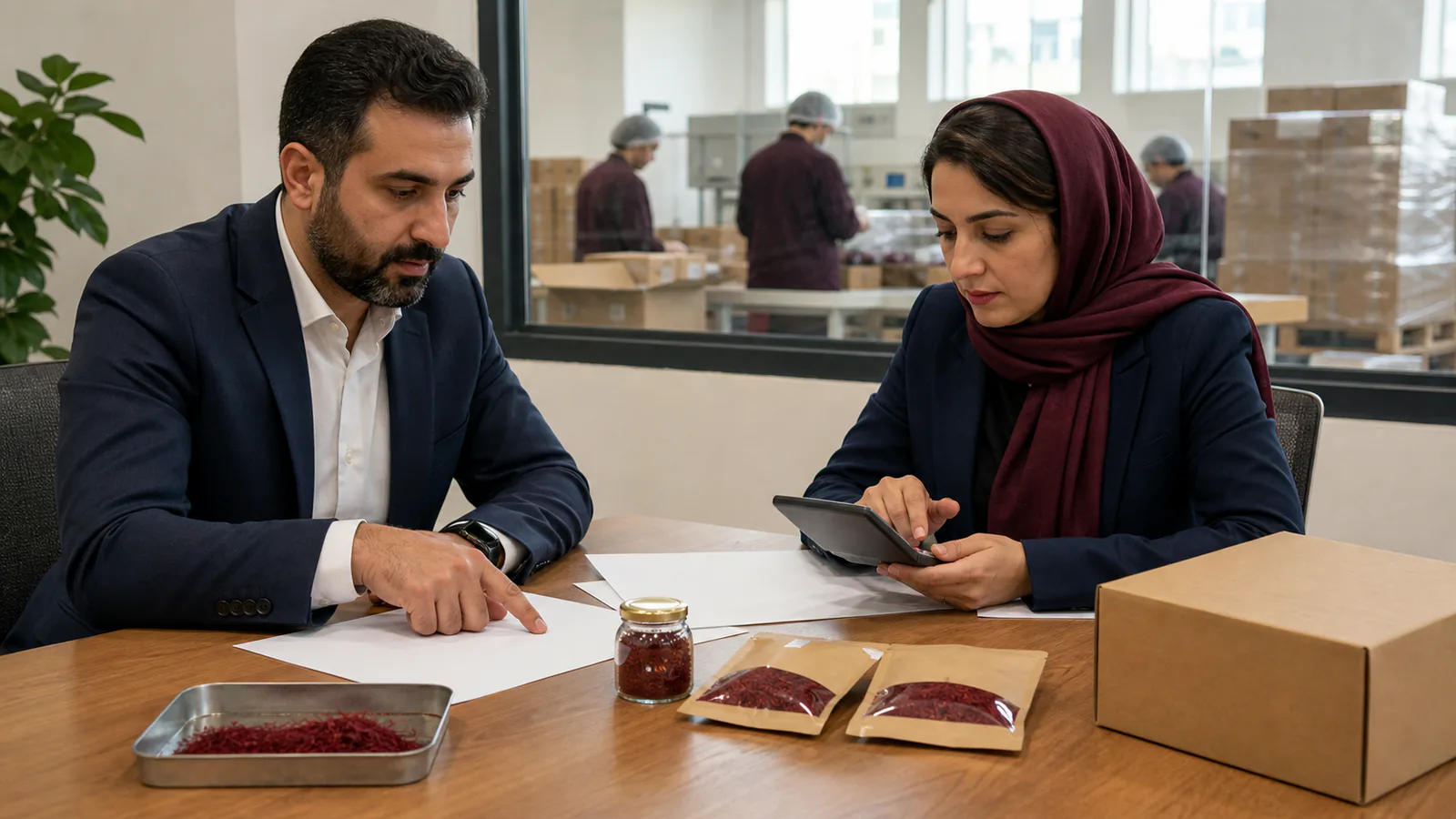 Saffron export managers review blank contract sheets and costs beside product samples