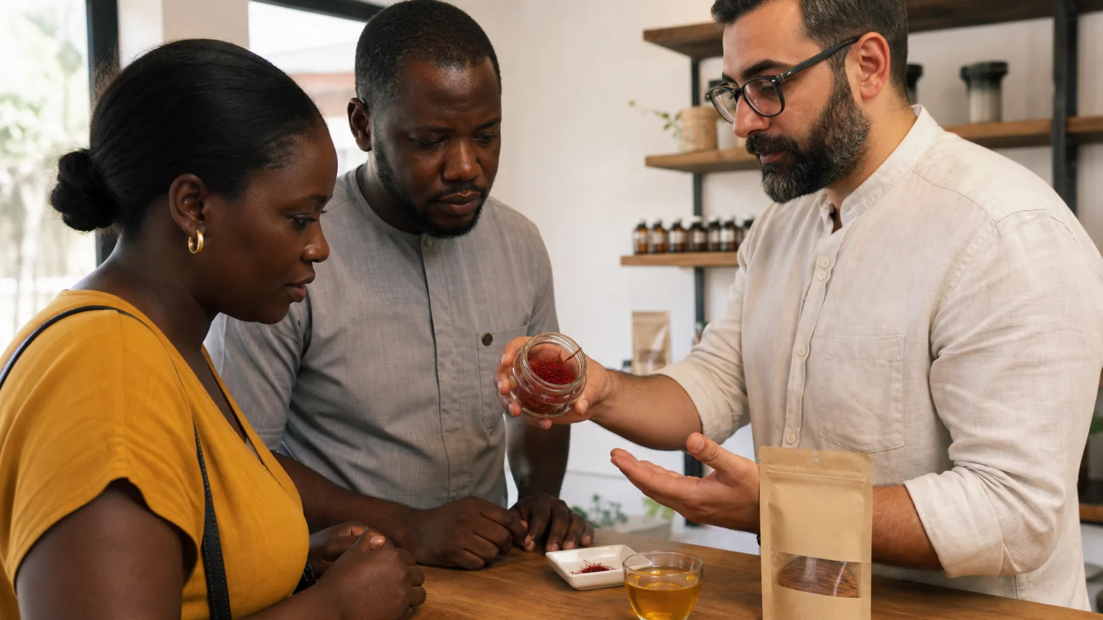 Customers examine saffron threads during a market-awareness demonstration