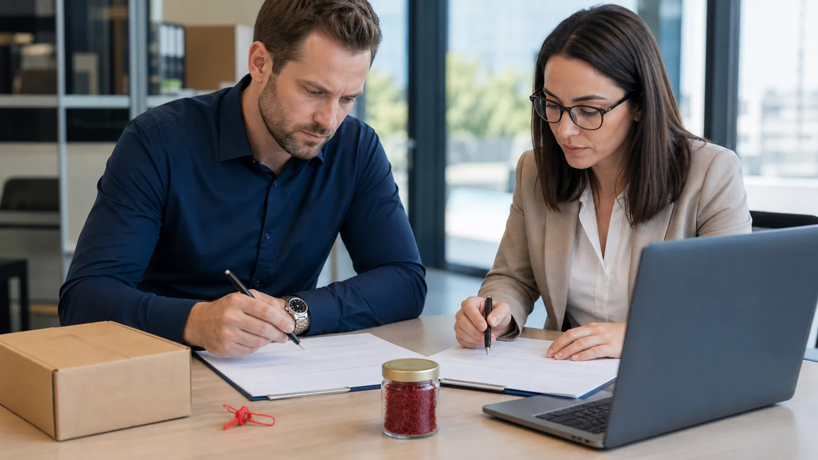 Food importer and compliance professional review a saffron shipment