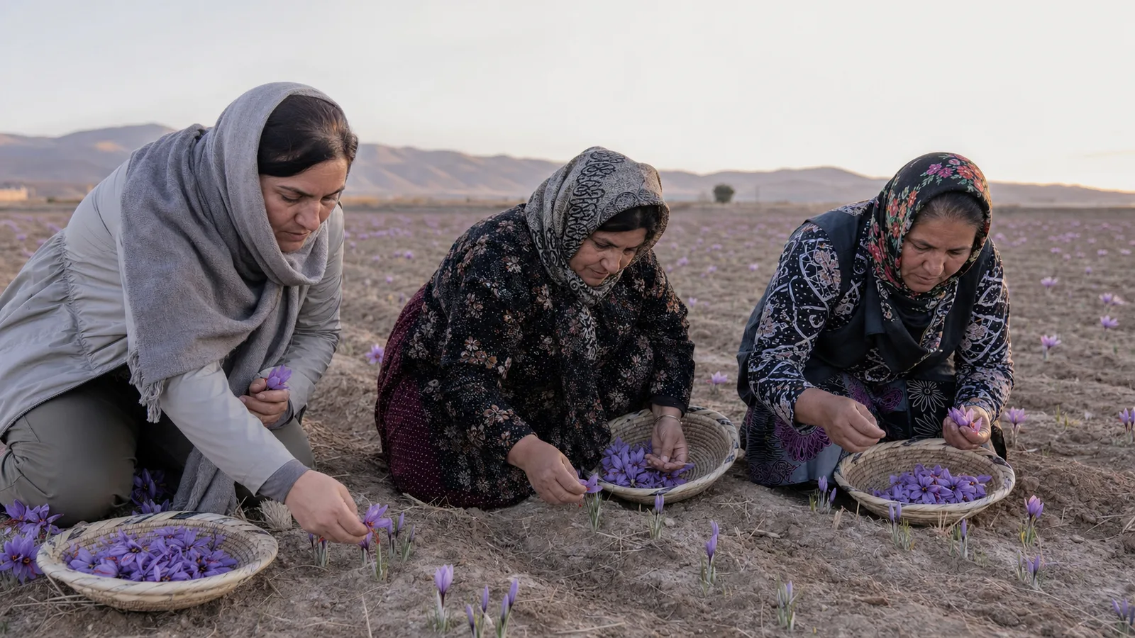 Women harvest saffron with a visitor in a South Khorasan field