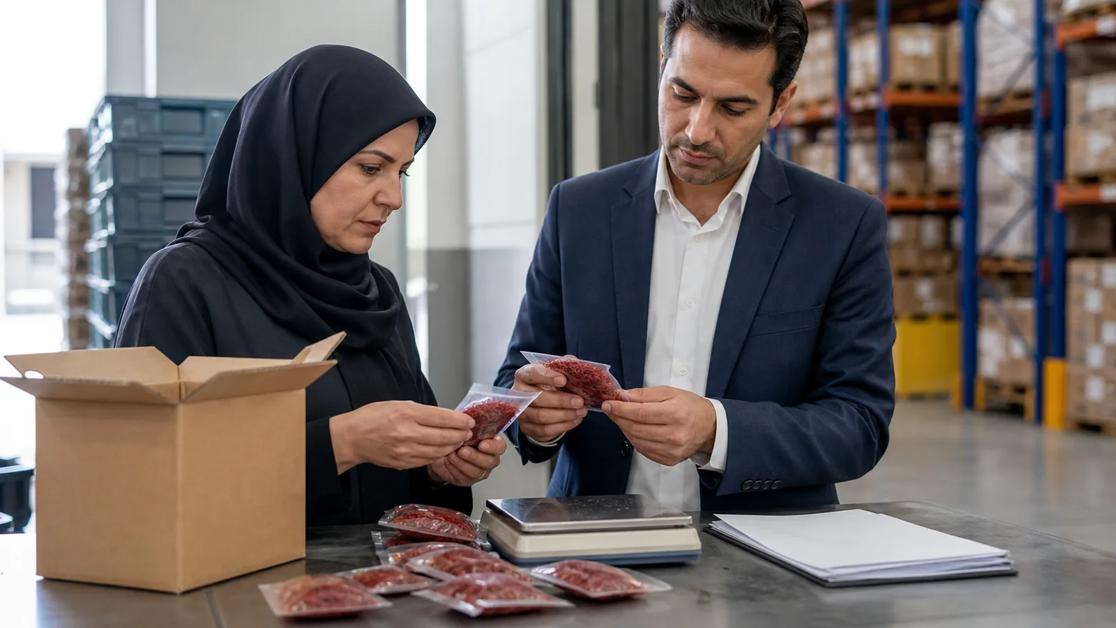 Export staff inspect Mashhad saffron packs beside customs documents
