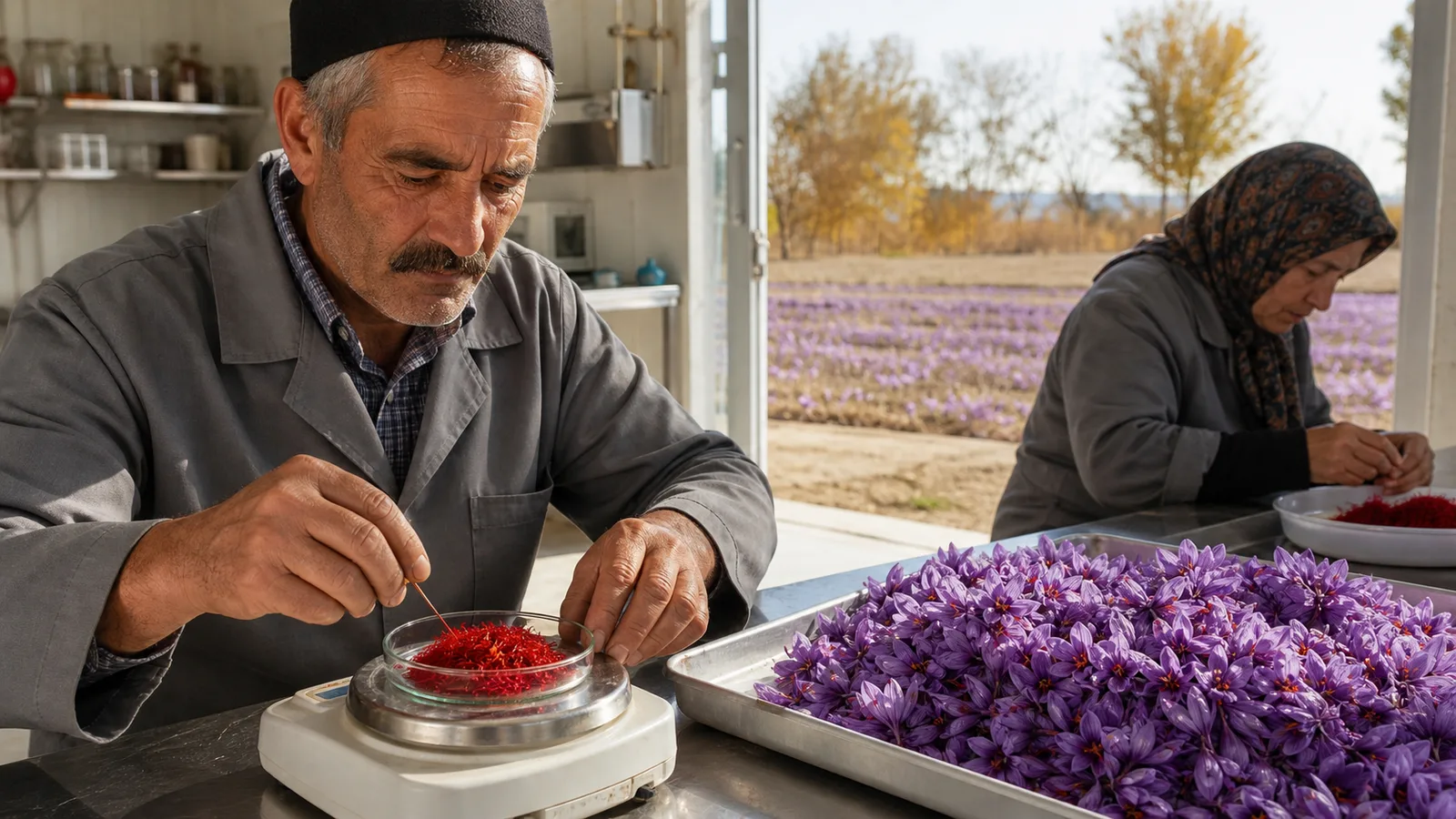 Iranian producers weigh saffron threads beside freshly picked flowers