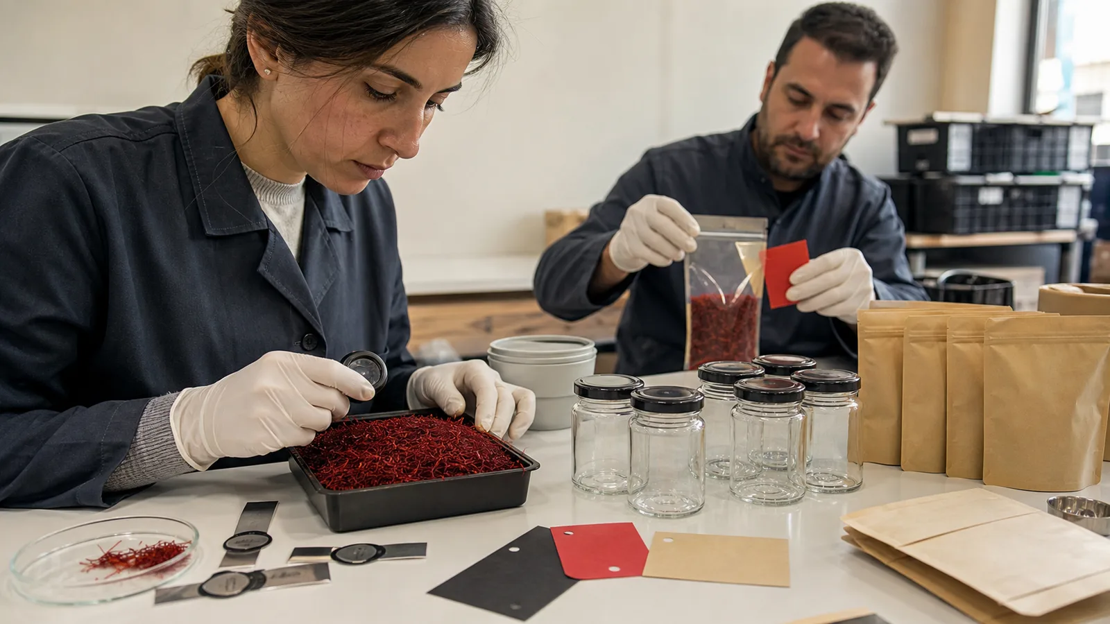 Quality staff trace Iranian saffron from a bulk lot into blank retail packs
