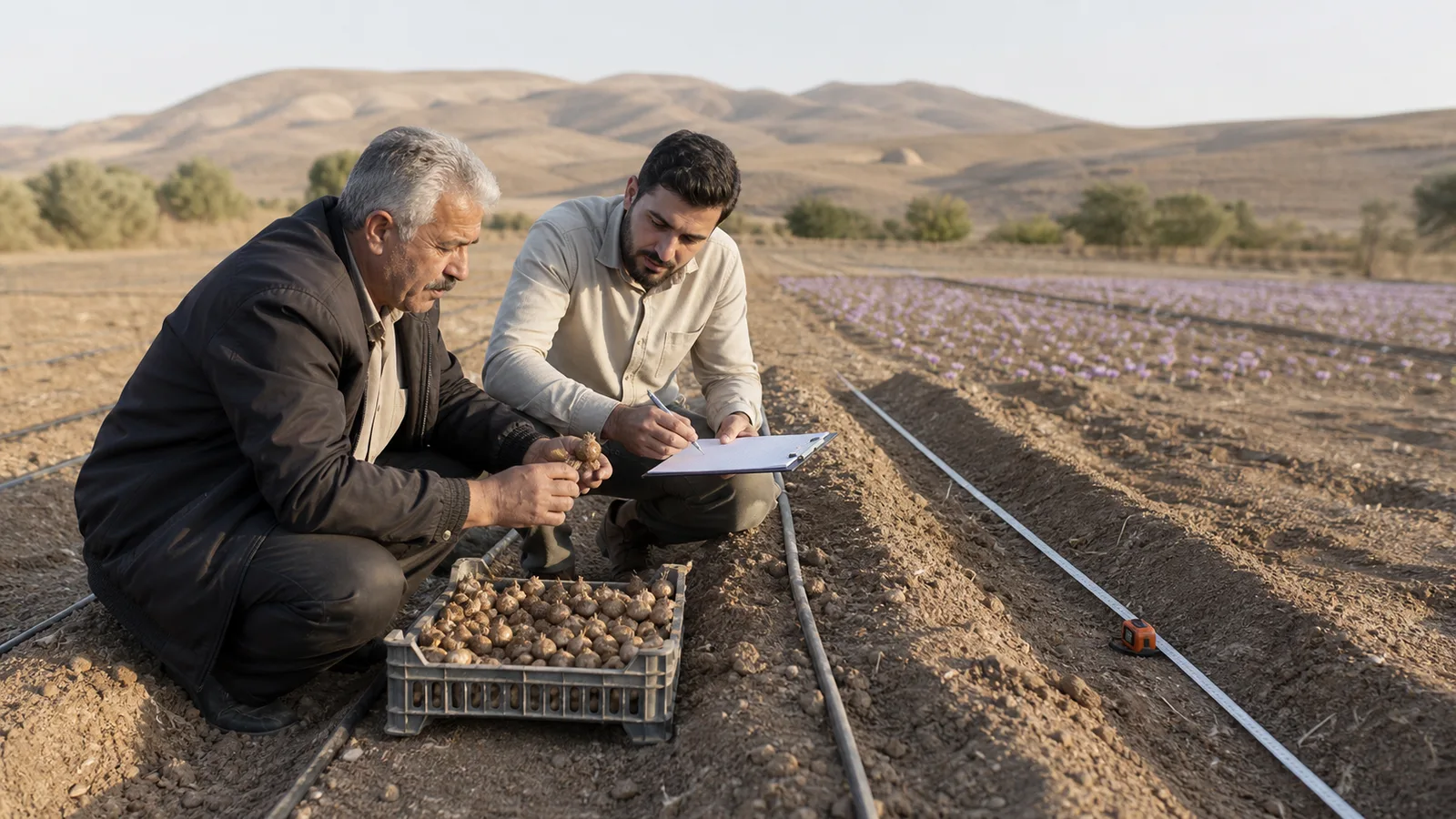 A grower and agronomist plan saffron corm rows and irrigation