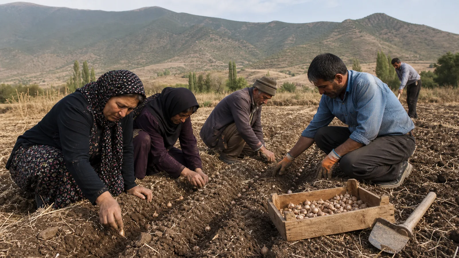 Rural cooperative members planting saffron corms in Ardabil Province