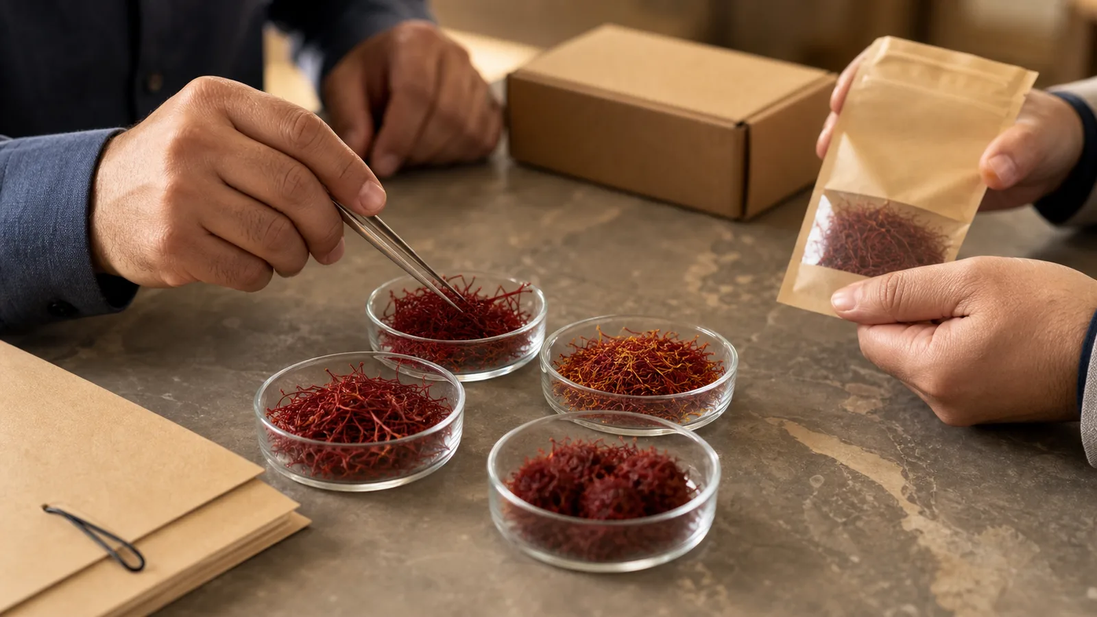 Buyer comparing saffron grades for a historical wholesale price range
