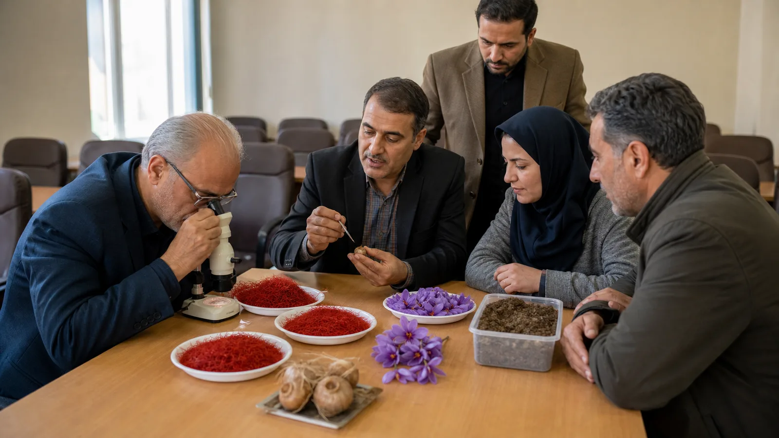 Researchers and growers examining saffron at the Ghaenat conference
