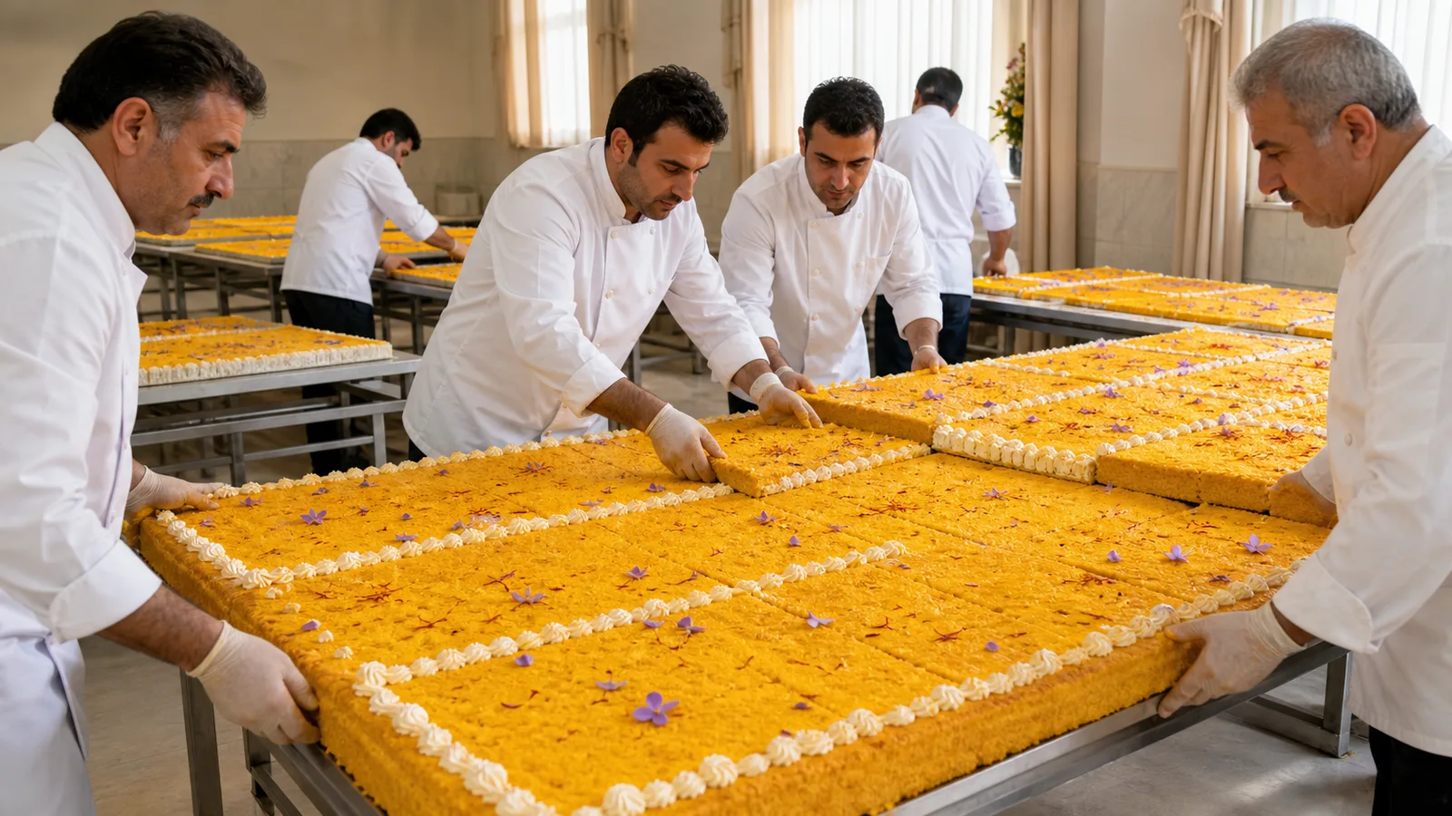 Pastry chefs assembling a giant saffron cake in Ghayenat