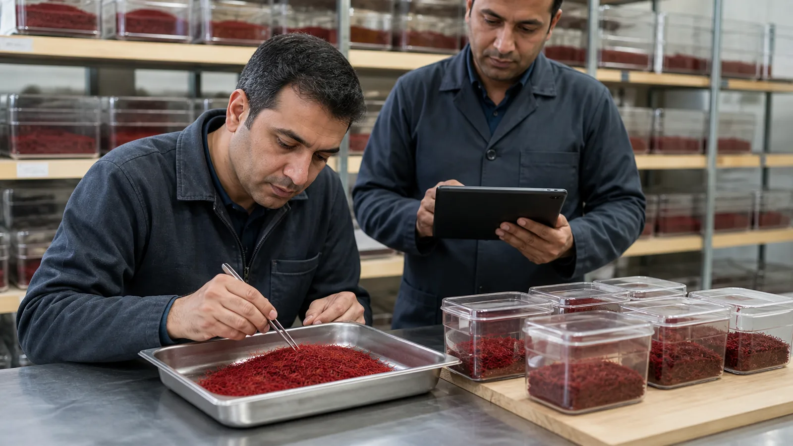 Technicians inspecting saffron for commodity warehouse storage