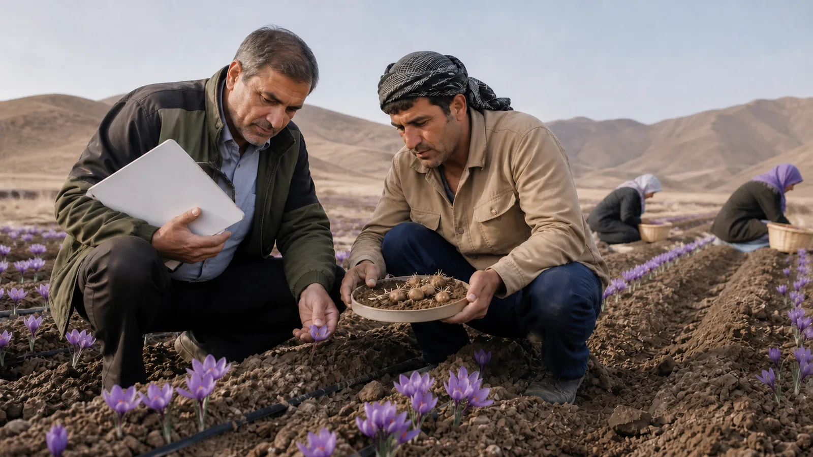 Grower and agronomist inspecting an organic saffron field in Iran
