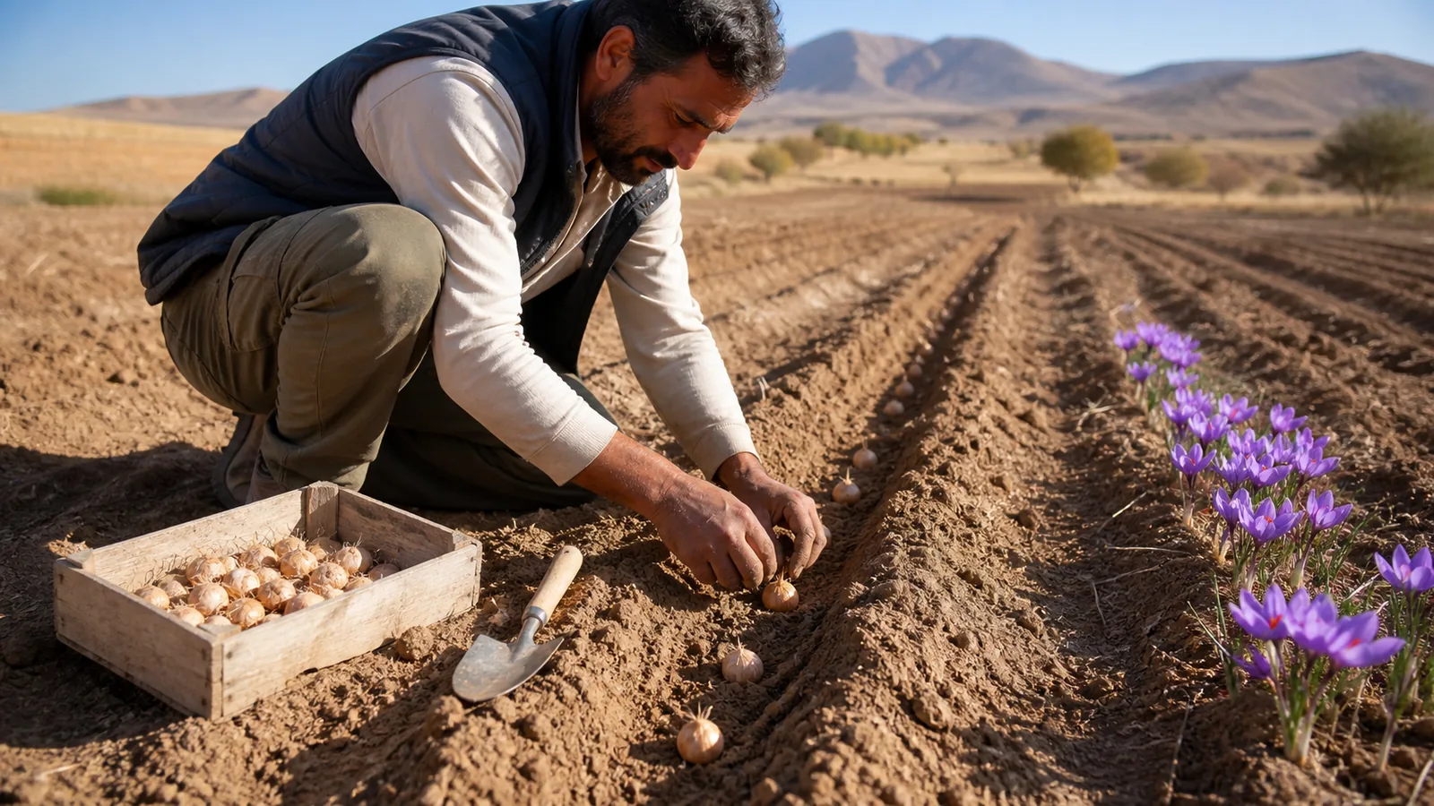 Grower planting saffron corms in a prepared field