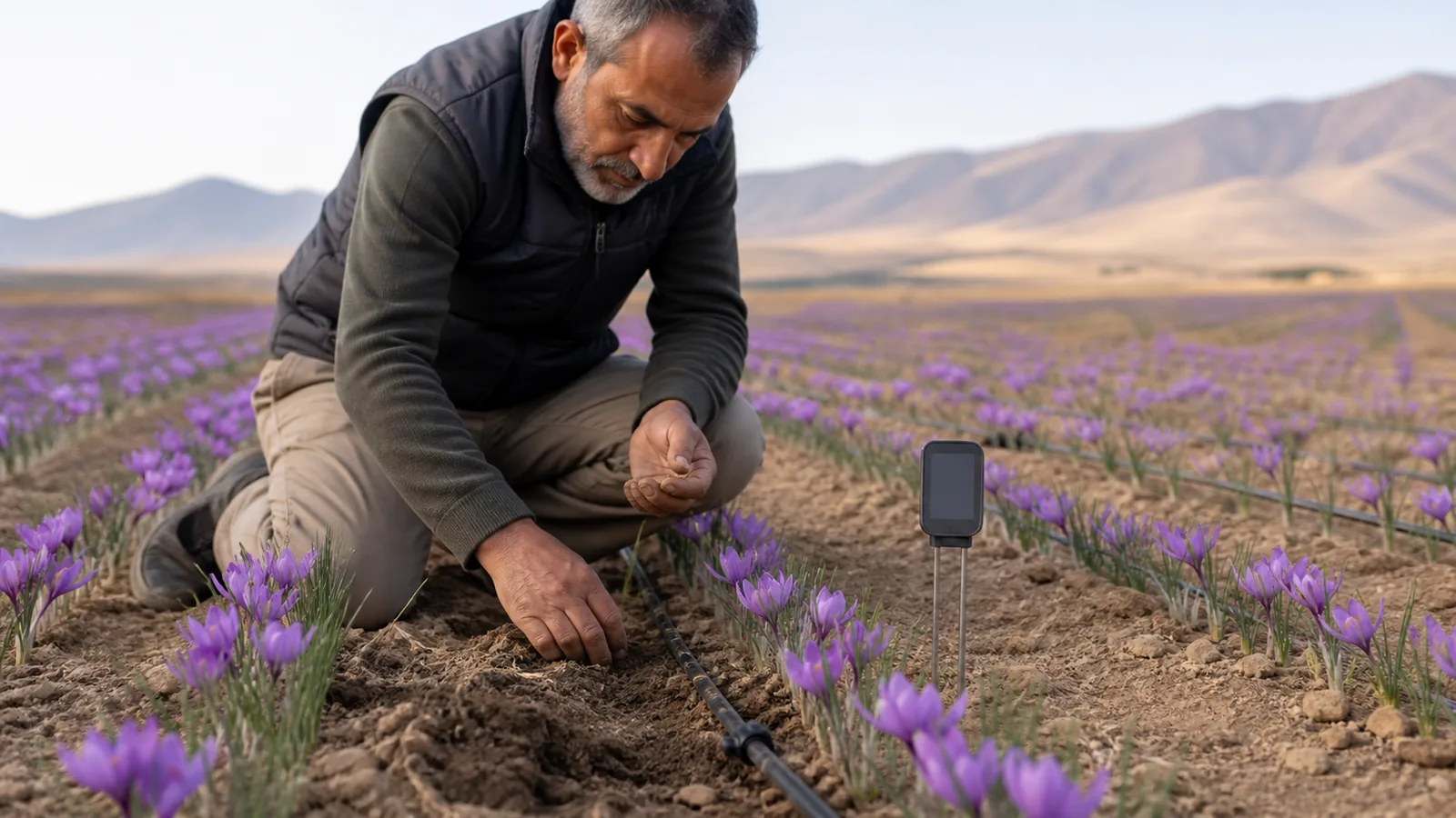 Grower checking soil moisture beside saffron drip irrigation