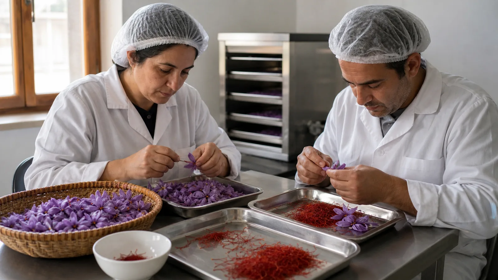 Workers separating saffron stigmas in a clean processing workshop