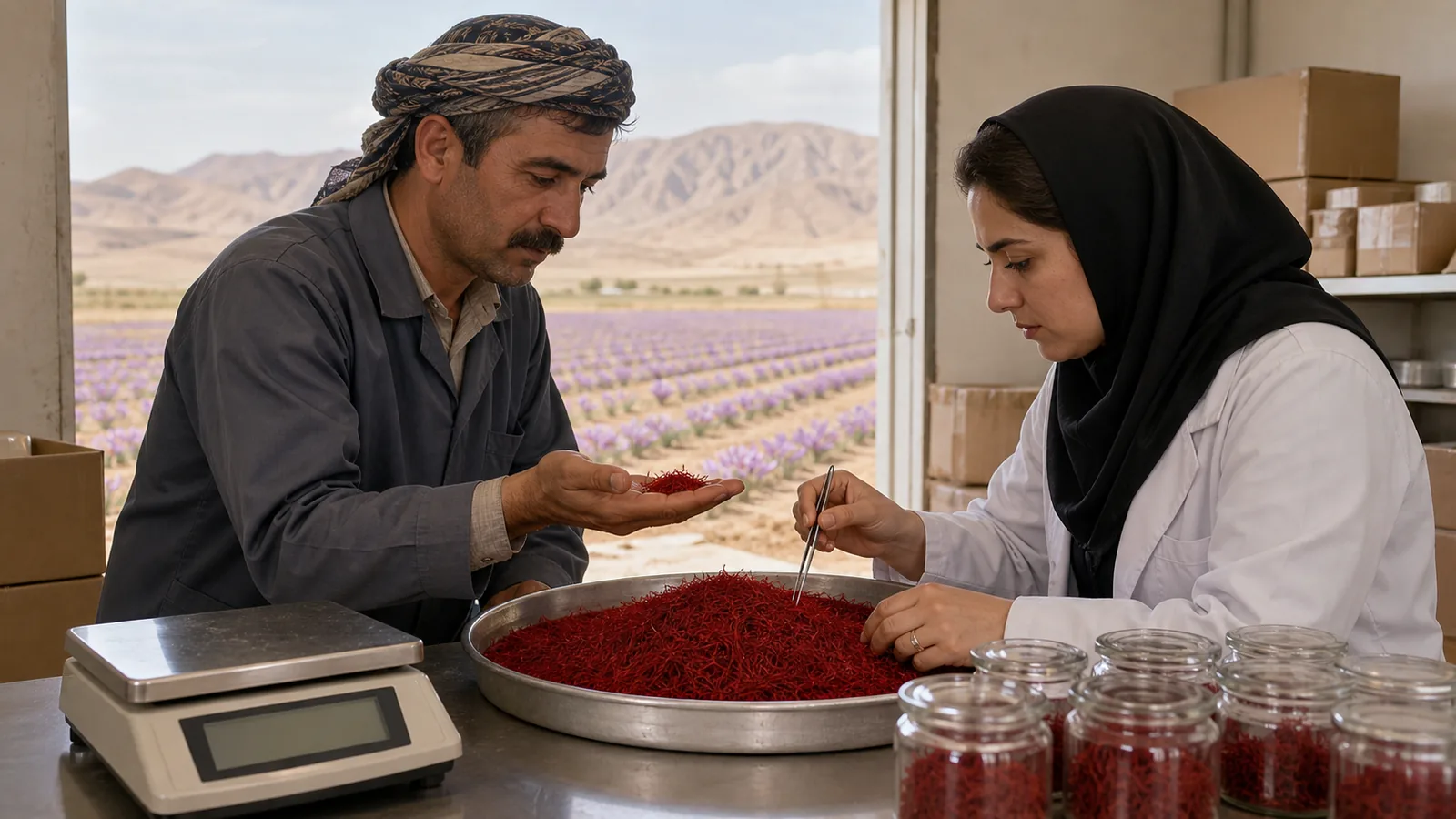 Grower and technician inspecting an Iranian saffron supply lot