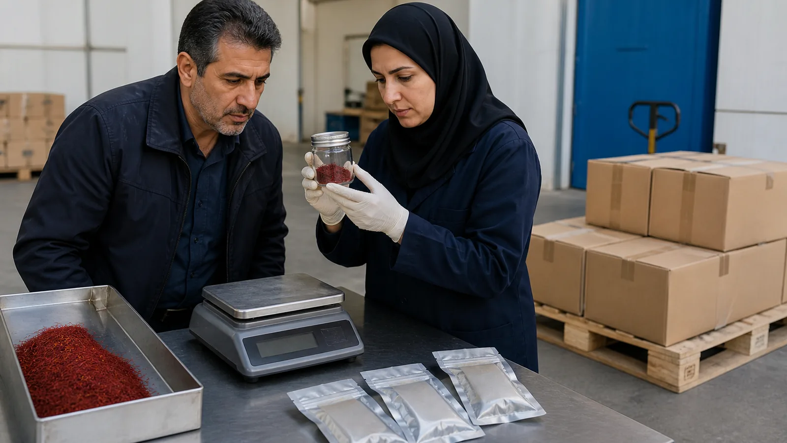 Exporter and inspector checking an Iranian saffron shipment