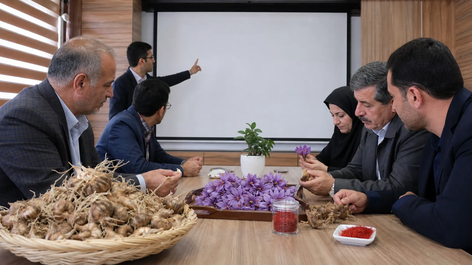 Researchers and growers discussing saffron at a university conference