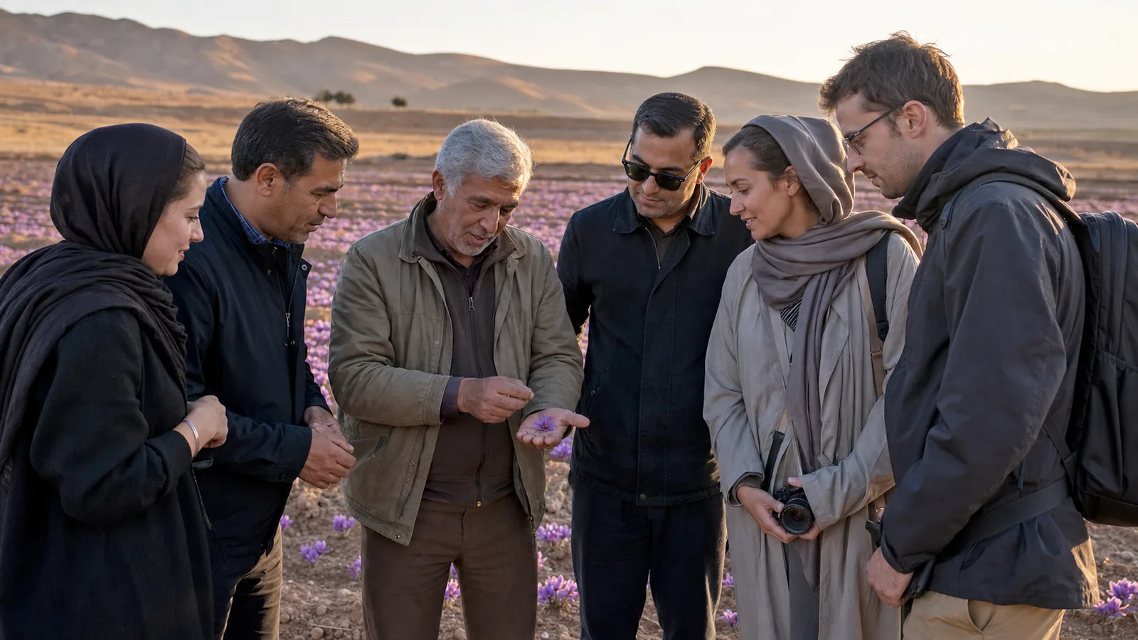 Visitors learning about a saffron flower from a grower in Khorasan