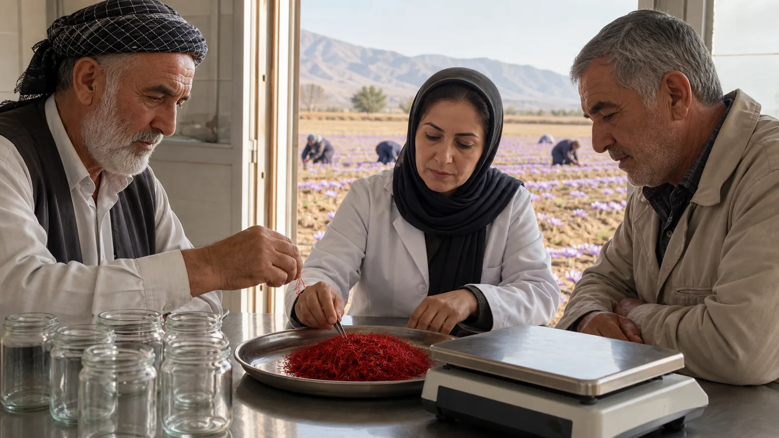 Iranian saffron producers and a technician inspecting harvested saffron