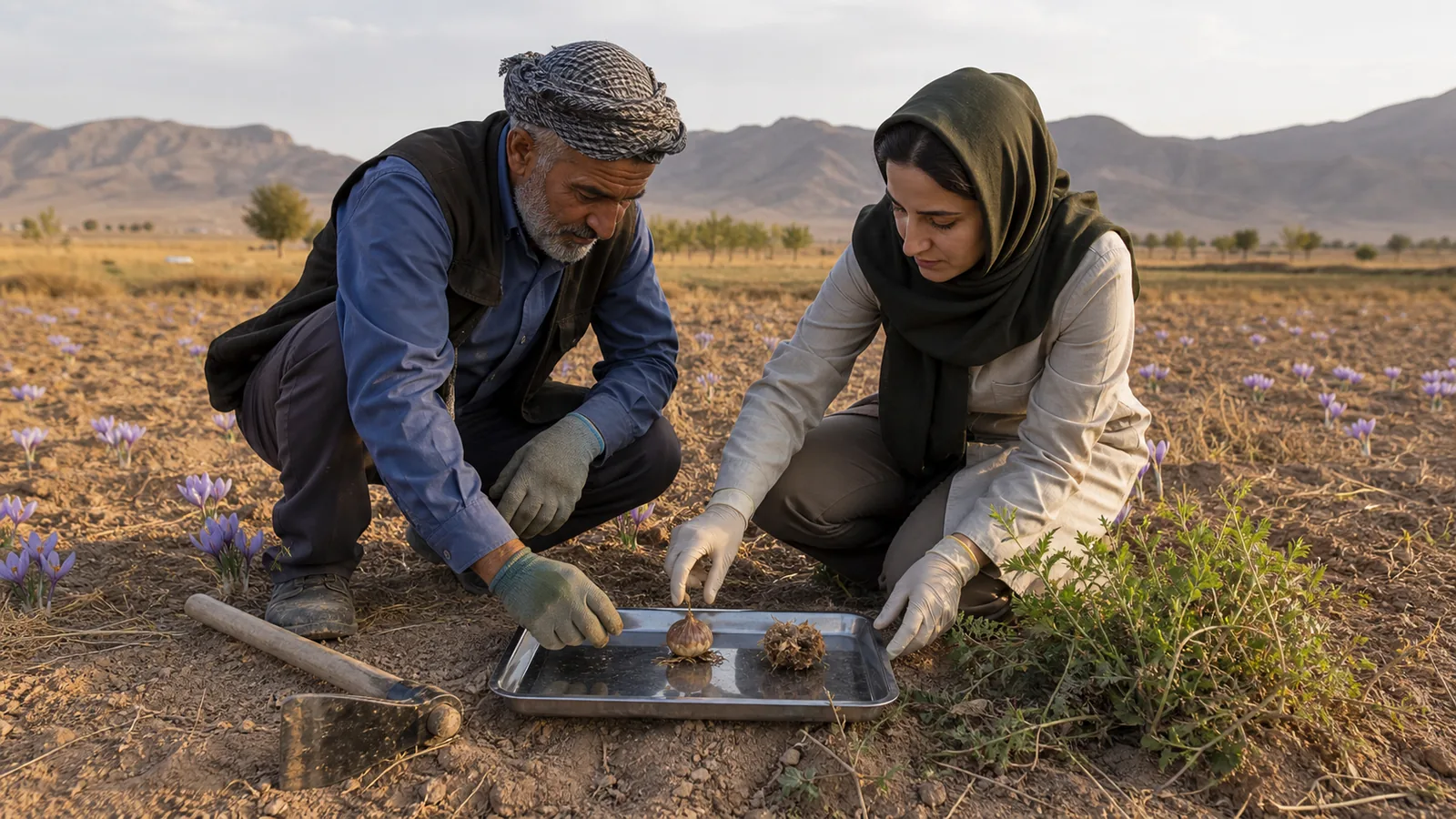 Birjand saffron grower and agronomist inspecting healthy and damaged corms