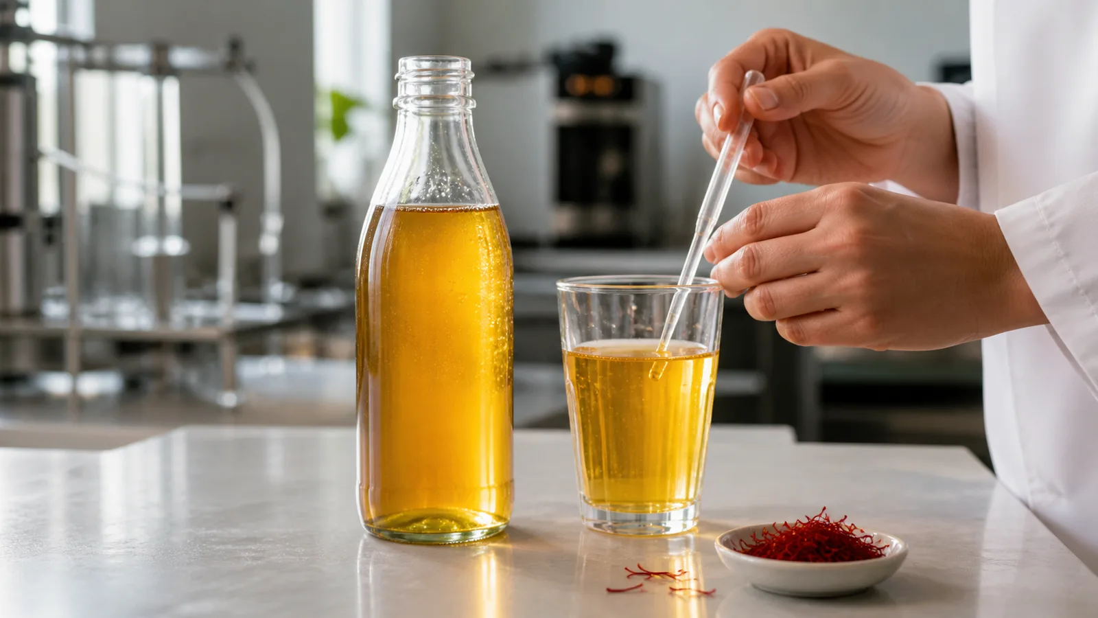 Researcher testing a golden saffron drink in a food laboratory