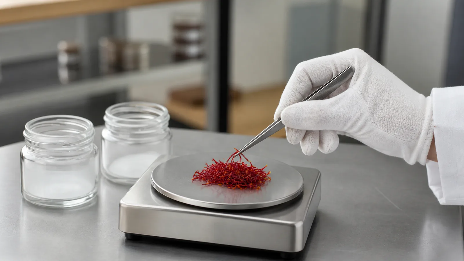 Quality specialist weighing saffron threads for market inspection