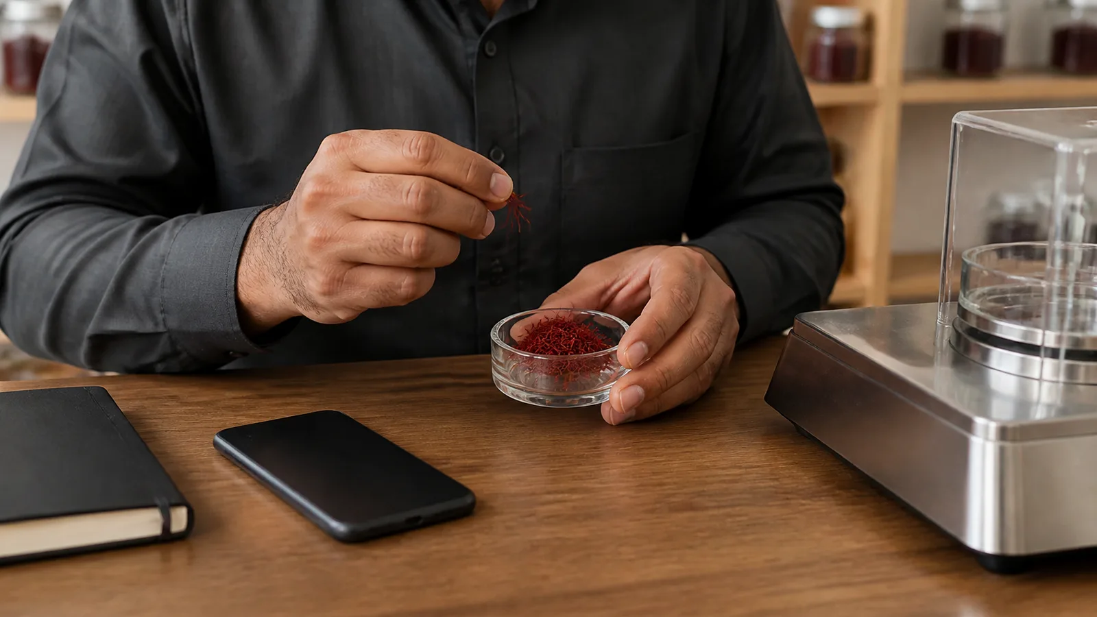 Merchant checking saffron beside a phone and precision scale