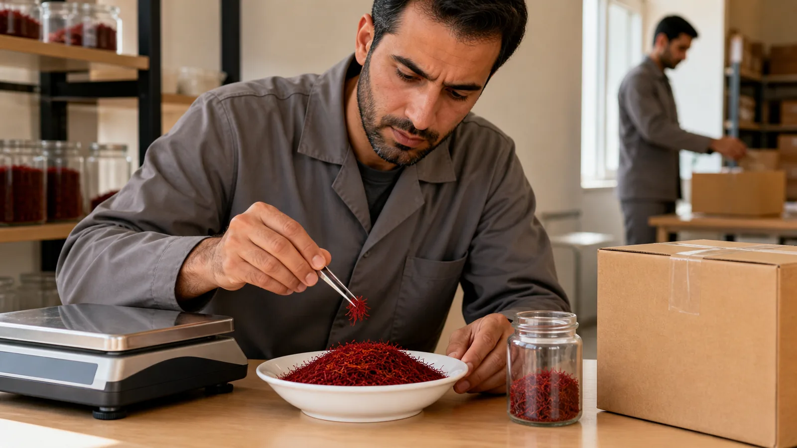 Exporter inspecting Iranian saffron for a world-market shipment