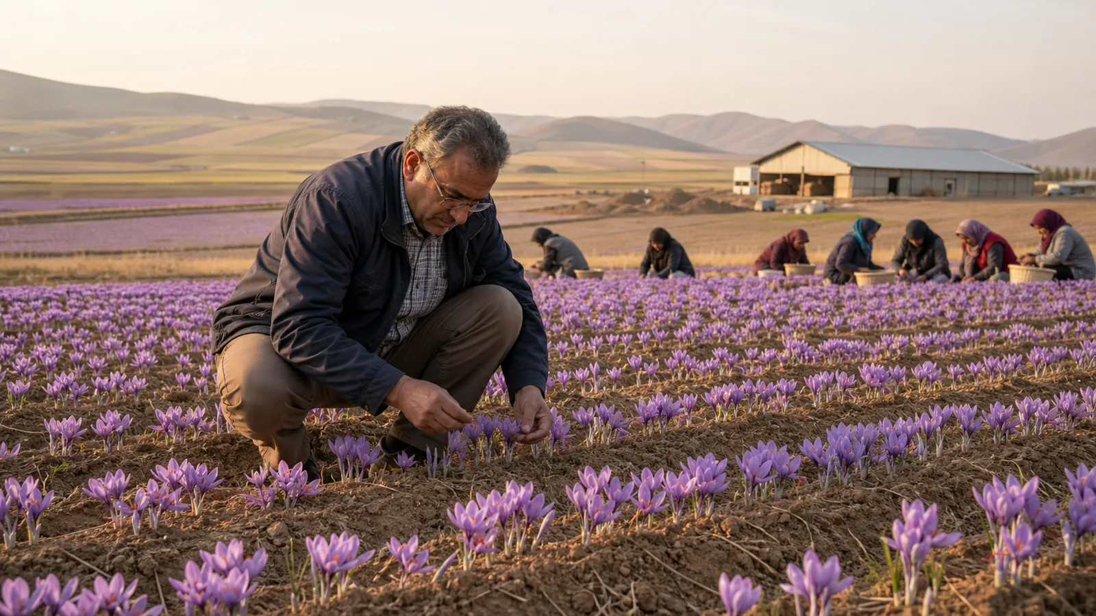 Agronomist inspecting a growing saffron field in Khorasan