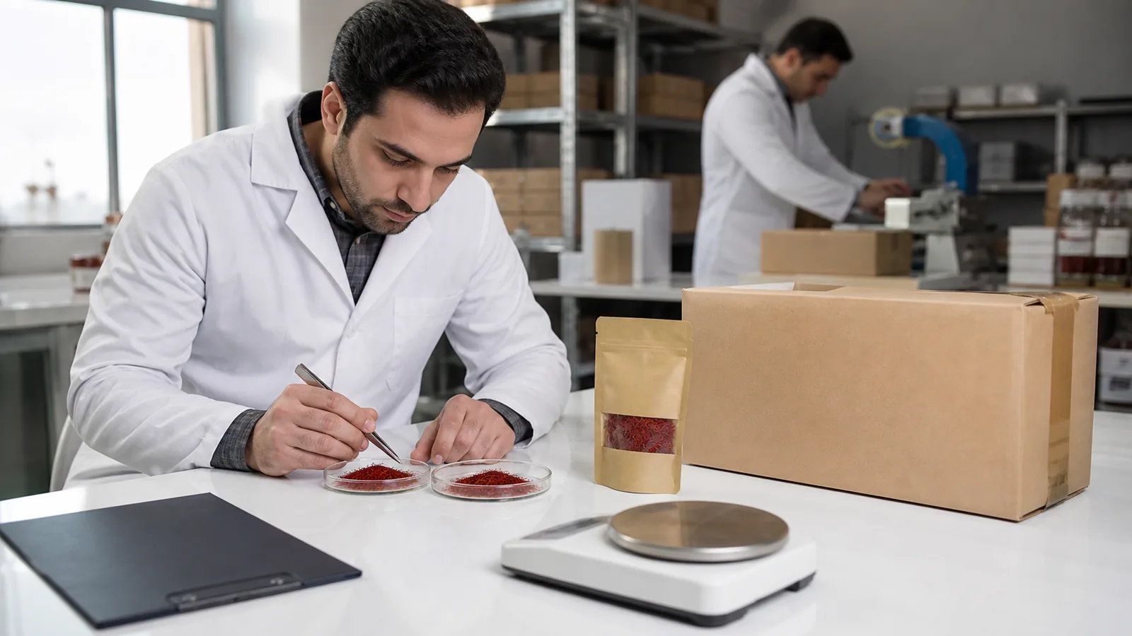 Specialist checking Iranian saffron origin and export quality