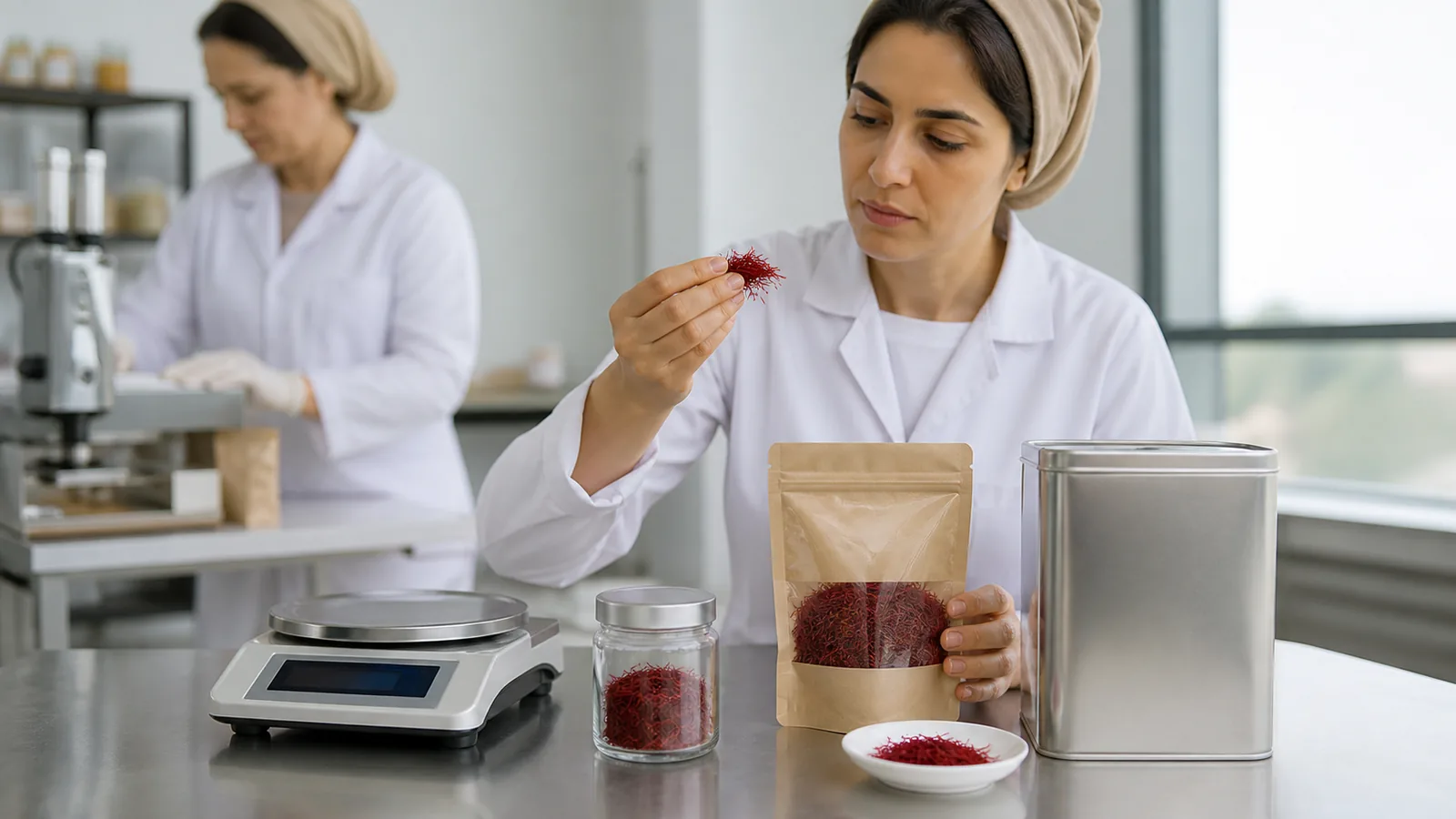 Specialist comparing saffron packaging for different customer requirements