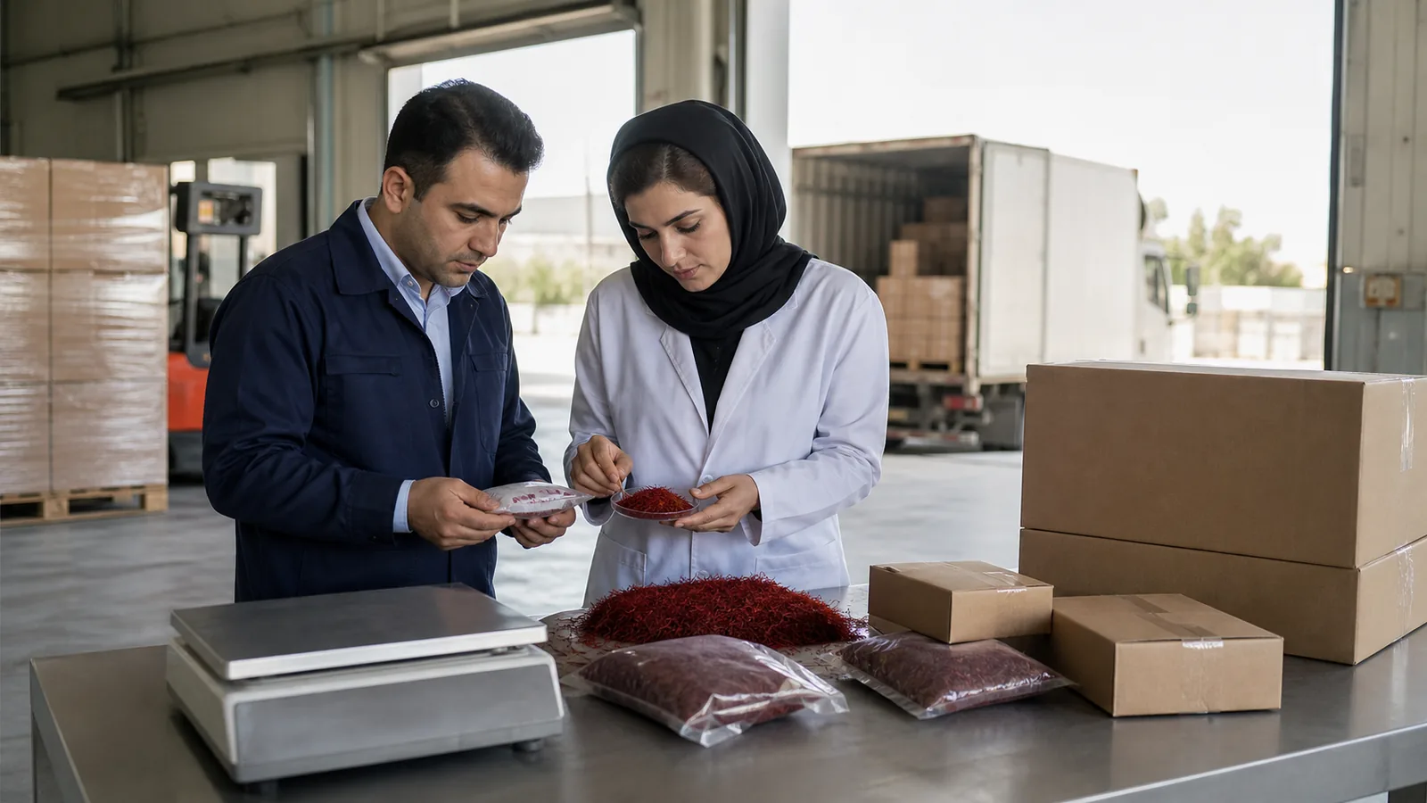 Saffron exporters inspecting packages for an international shipment