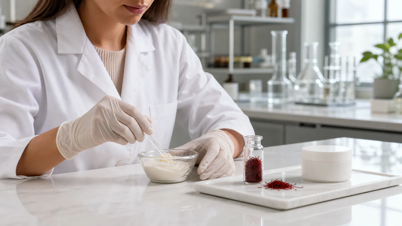 Cosmetic formulator preparing a cream with a saffron sample