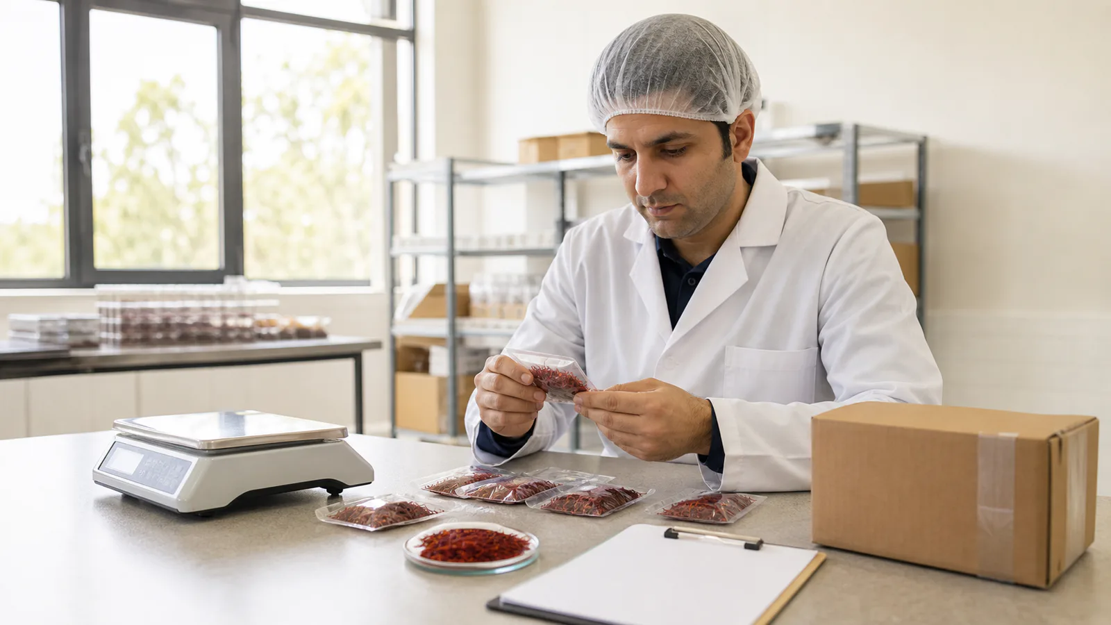 Quality specialist inspecting saffron packages for export