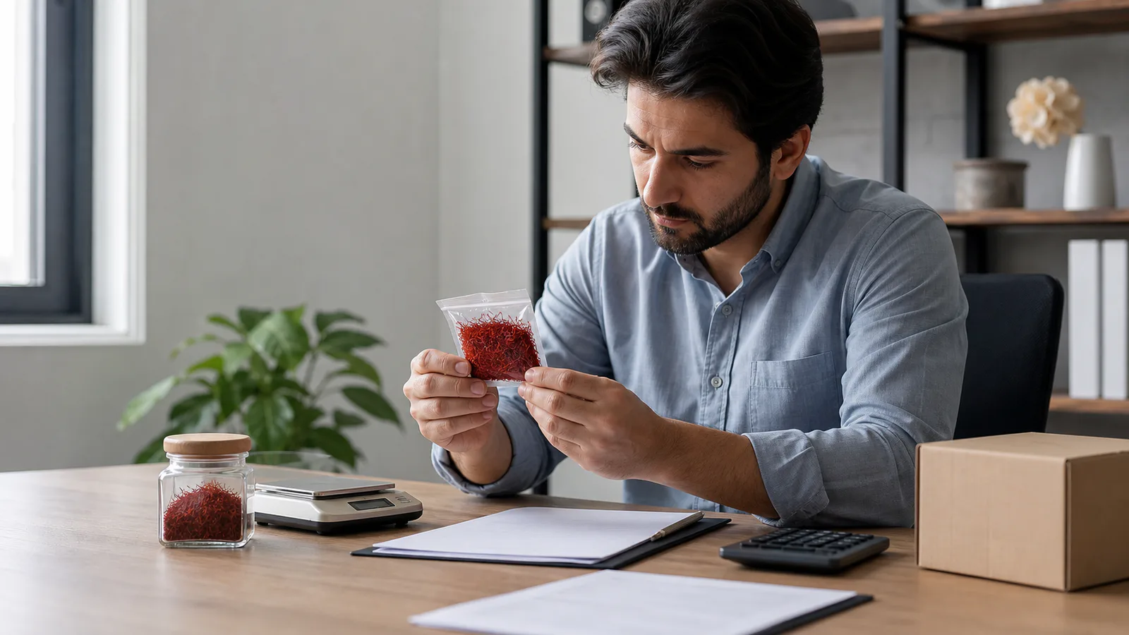 Trade specialist reviewing saffron export costs and documents
