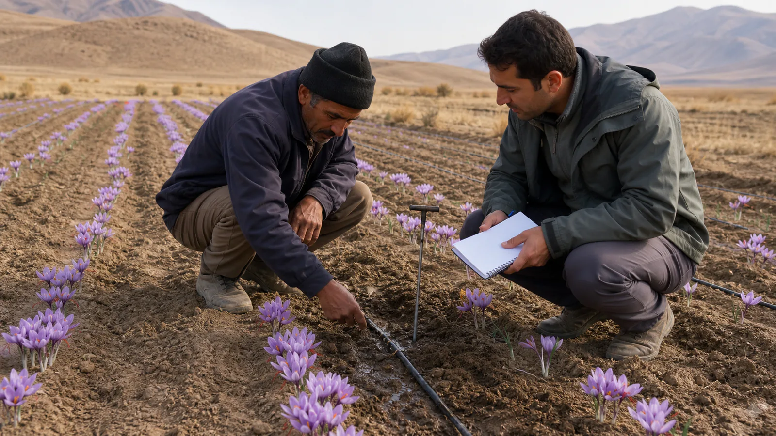 Grower and specialist inspecting irrigation in an East Azerbaijan saffron field