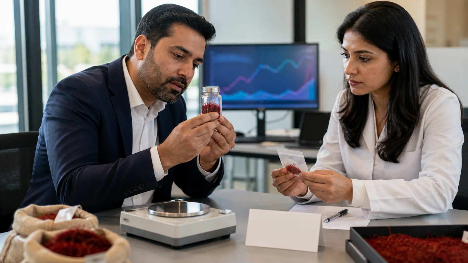 Saffron samples being reviewed for commodity exchange trading