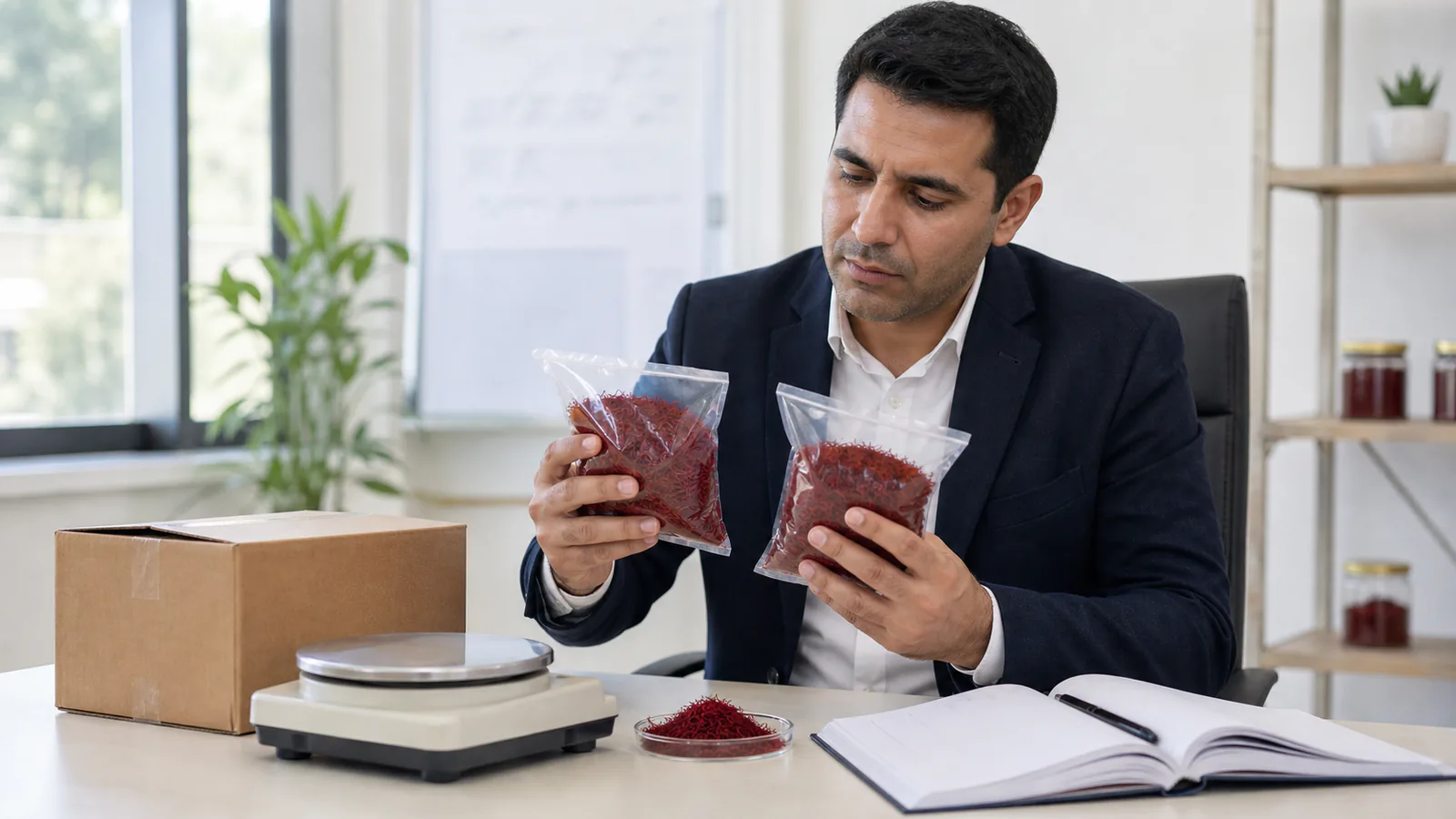 Trade analyst reviewing saffron samples for an export record