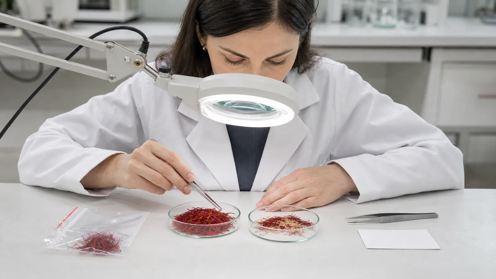 Specialist comparing pure saffron threads with a suspect sample