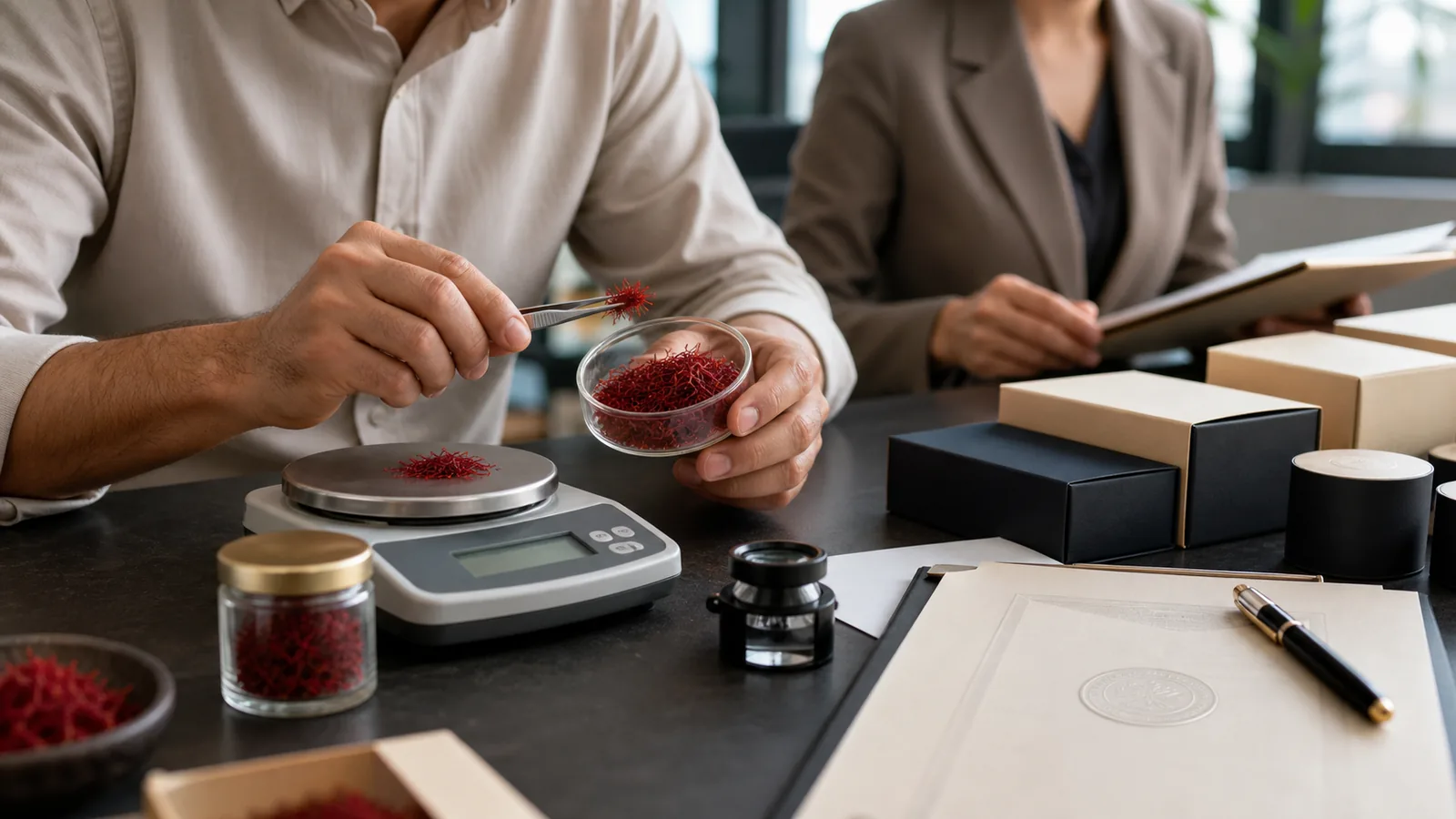 Specialists reviewing saffron quality and brand registration materials