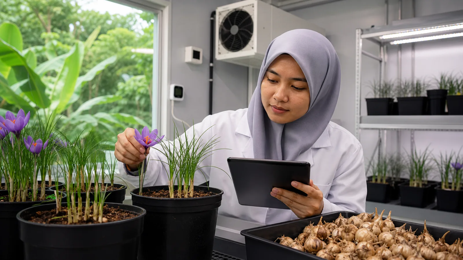 Researcher growing saffron in Malaysia in a controlled room