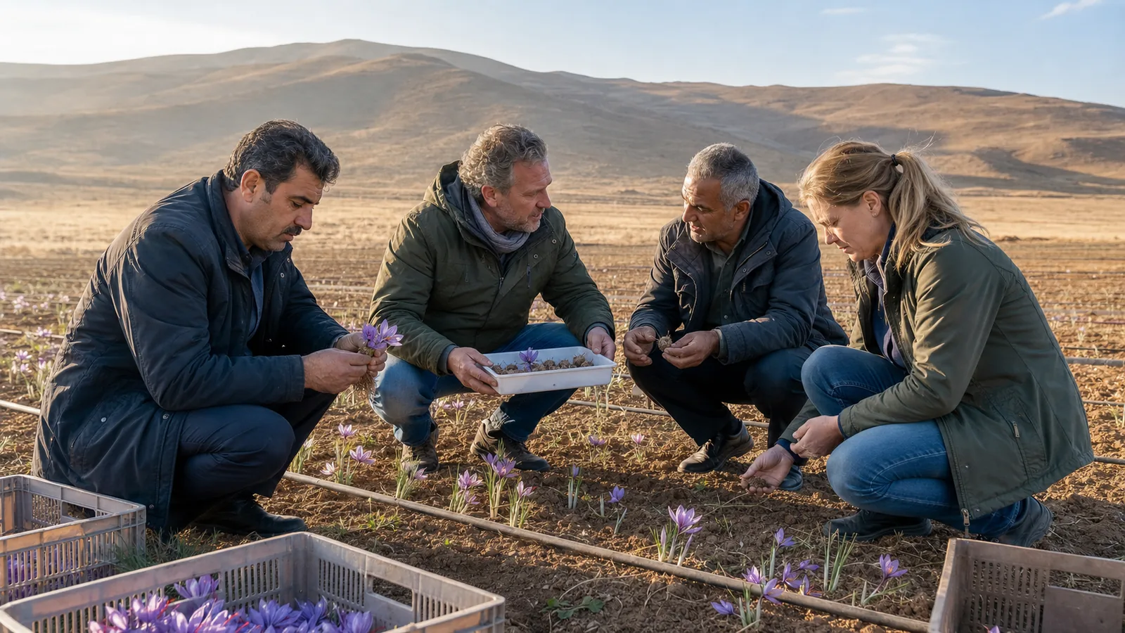 Dutch and Iranian specialists inspecting a Marand saffron field