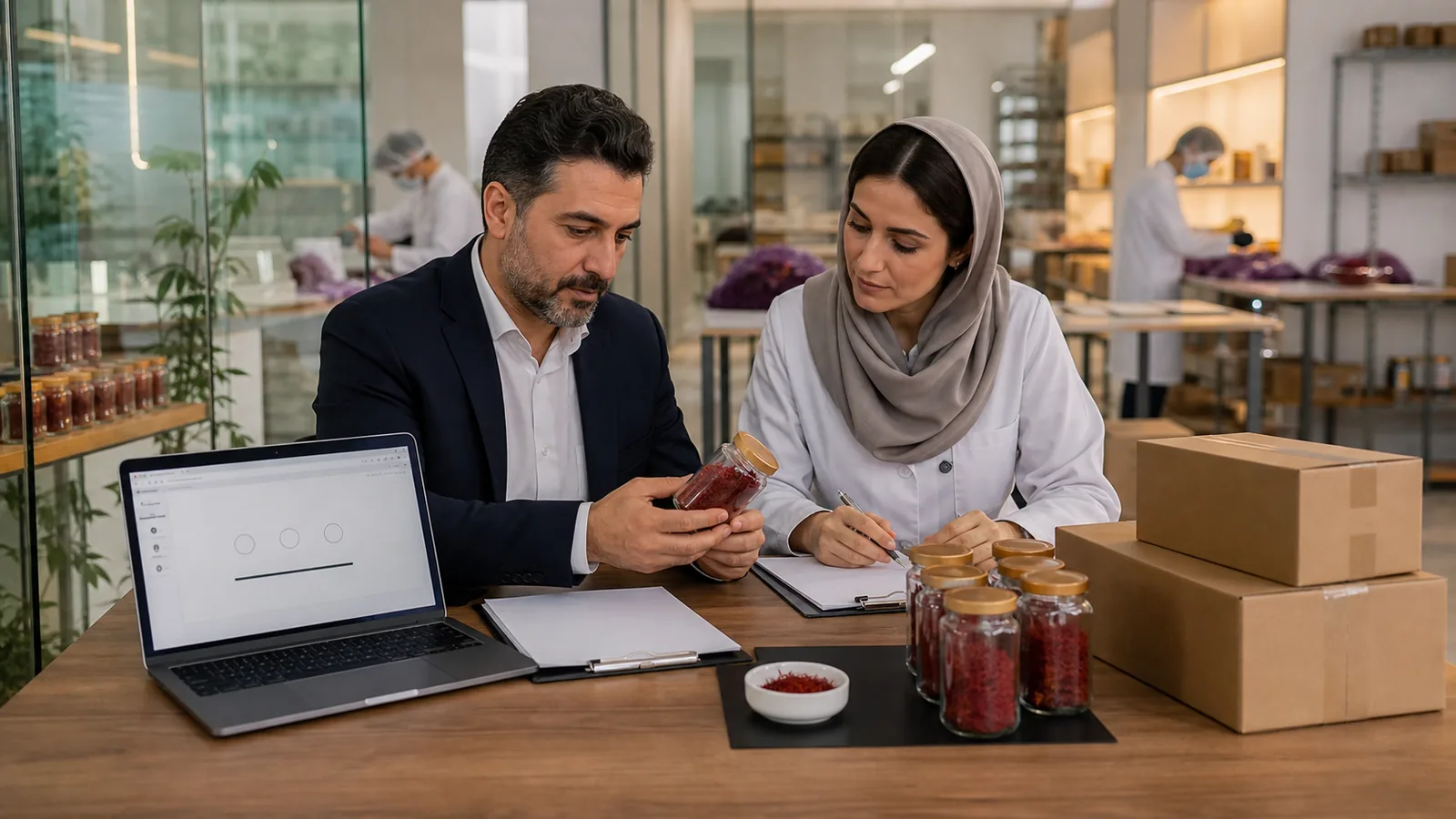 Exporter reviewing saffron quality, payment and shipping documents
